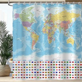 Aeivice World Map Shower Curtain, Funny World Map National Educational Shower Curtain Set, Kids Boys Girls Geography Fabric Shower Curtain for Bathroom with 12PCS Hooks 72X72IN