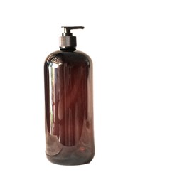 32 oz Amber Plastic PET Plastic Bottle with Black Hand Lotion Pump and Kraft Labels (1)