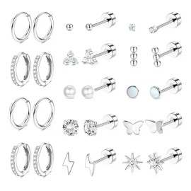 Daiweiyox 14pares Aretes Mujer De Acero Inoxidable Para Piercing Oreja Cartílago Plateado