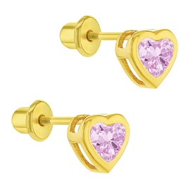 Gold Plated Pink Cubic Zirconia Small Heart Safety Screw Back Earrings for Toddlers and Little Girls 5mm - Beautiful and Gleaming Pink CZ Heart Earrings for Children