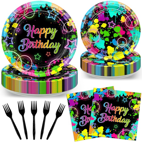 Avezano 96 PCS Neon Birthday Party Decorations Glow Neon Happy