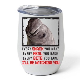 Every Snack You Make I'll Be Watching You Sea Cow Manatee Tumbler 12oz Stainless Steel Vacuum Insulated Cup With Lid - Peeking Animal Funny Gifts for Manatee Lovers