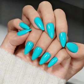 SXVME Uñas Postizas Azul Turquesa Almendradas - Uñas Acrílicas De Presión Medianas Estilo Estilete, Uñas Postizas Azules Opacas Con Pegamento, Ajuste 