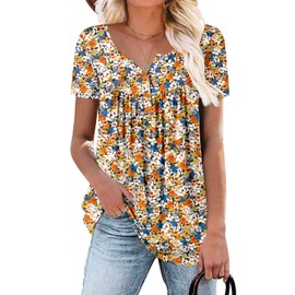 ROSELINLIN Short Sleeve Summer Shirts for Women Floral Print Scoop Henley V Neck Blouse Ladies Tops L Orange Yellow