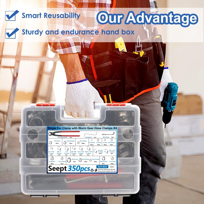 350Pcs 5.3-51mm Single Ear Hose Clamps with Worm Gear Hose