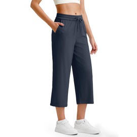 G4Free Wide Leg Yoga Pants for Women,Summer Casual Capris with Pockets Elastic Drawstring Waist Lightweight Soft Lounge Crop Pants (Dark Navy,XS,19")