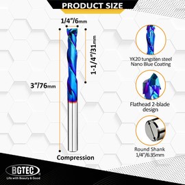 BGTEC Compression Cut Spiral Router Bits 1/4 inch Shank Solid Carbide Nano Blue Coated End Mill Router Bit for Wood Carving Engraving Grinding Grooving