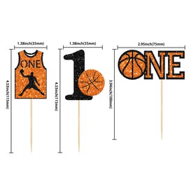 24 piezas de decoración de cupcakes de baloncesto con purpurina número 1 para el primer cumpleaños de baloncesto con temática deportiva, baby shower para niños, fiesta de primer cumpleaños para decoración de pasteles