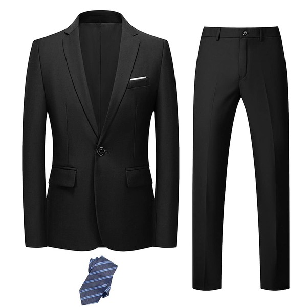 YND Men's Slim Fit 2 Piece Suit, One Button Jacket Pants Set with Tie, Solid Party Wedding Dress Blazer, Tux Trousers, Black