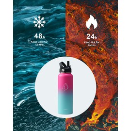 BUZIO Stainless Steel Water Bottle, 40oz Vacuum Insulated Double Wall Leak Proof Sports Water Bottle with Straw Lid and Flex Cap for Gym Travel Camping, Rose and Green