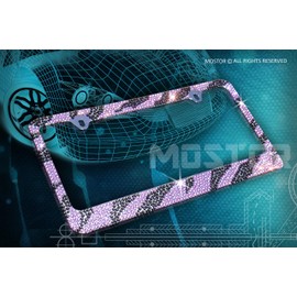 JR2 Premium Bling Purple/Black ZEBRA Designed (Purple Cap-C Type) Crystal Diamond Rhinestone-Metal Chrome License Plate Frame