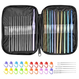 Pack of 50 Crochet Hooks Set, Colourful Aluminium Ergonomic Knitting Crochet Sets in Various Sizes with Large Eye Needles, Knitting Marker, Portable Bag, for Household Knitting Crafts