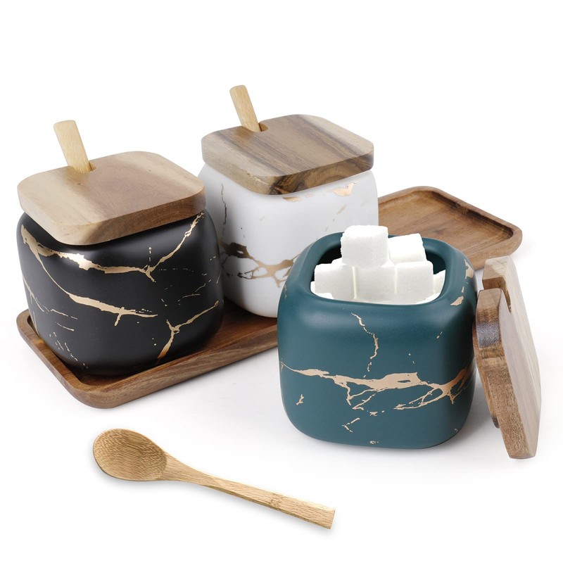 Dicunoy 3 Pack Ceramic Salt and Sugar Container, Condiment Jars