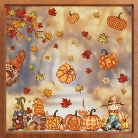 ZAWE 9 Sheets Fall Window Clings Gnomes Scarecrow Pumpkins Maple Leaves Double-Sided Window Decals Stickers for Autumn Thanksgiving Party Home Classroom Office Decorations