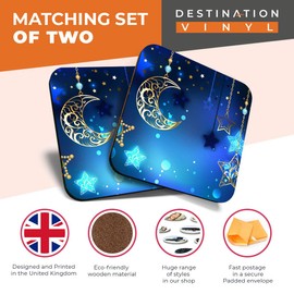 Great Coasters (Set of 2) Square/Glossy Quality Coasters/Tabletop Protection for Any Table Type - Blue Moon Stars Space Vintage #16502