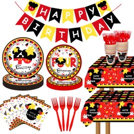 117 Pcs Red Cartoon 4th Birthday Party Decorations - Boy Four Years Old Paper Plates Napkins Cups Tablecloths for Boys 4th Birthday Decoration Supplies - 20 Guests