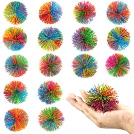 Bomtop Pack of 16 Stringy Balls, Fluffy Balls, Sensory Fidget Stringy Balls, Rainbow Squeeze Ball, Rainbow Ball Children, Party Bag Children's Birthday, Stress Relief Toy for Children