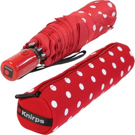 Knirps Slim Duomatic Polka Dots Pocket Umbrella Red White in Neoprene Case