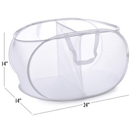 Handy Laundry Popup Laundry Basket, Two Compartments, Durable Mesh Material, Folds for Storage, Easy Carry Handles, Great for College Dorm Laundry Room or Travel, (White)