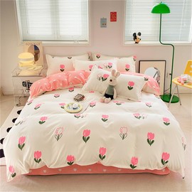 Koudi Pink Tulip Duvet Cover Full Size Floral Heart Reversible Bedding Set Soft Microfiber Blush Pink Comforter Cover for Kids Teen Girls (1 Duvet Cover + 2 Pillowcases)