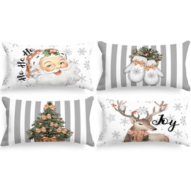 Lanpn White and Grey Vintage Christmas Cushion Covers 30x50 Set of 4, Decorative Gray Retro Santa Xmas Throw Covers Pillow Cases 12x20 for Home Bedroom Room Holiday Couch Decor Decorations