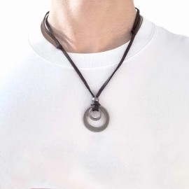 JczR.Y Leather Necklace for Men Double Circle Rings Leather Rope Pendant Black