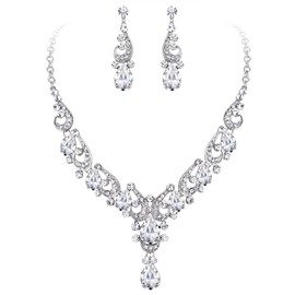 EVER FAITH Women's Crystal Bridal Prom Wave Cluster Teardrop Necklace Earrings Set Clear Silver-Tone