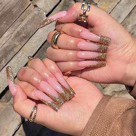 IMSOHOT Square Press on Nails Long Fake Nails Gold Glitter French Tips False Nails with Designs Glossy Glue on Nails Full Cover Acrylic Nails for Women 24pcs