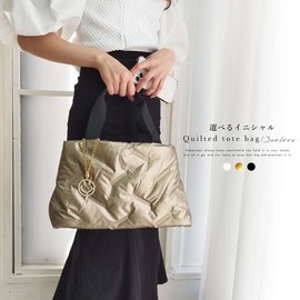 DIVA Rose Women's Tote Bag, Quilted Bag, Large Capacity, Mother's Bag, Simple, Stylish, Quilted, Gold (No Charm)