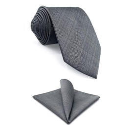 SHLAX&WING Solid Gray Men's Long Necktie Extra Large Pocket Square Silk Business Set 63.0 inches (160 cm), 3.5" x 63" Necktie + Pocket Square
