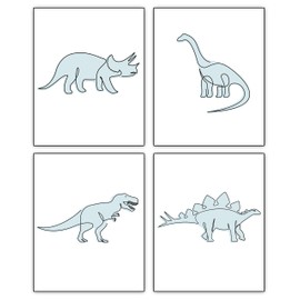 Minimalist Dino-decor: 8x10 Dinosaur Art Prints (4) with a Sleek, Line Art Style. Designed for a boy or girl room, Stegosaurus, Triceratops and Diplodocus. (Vertical Light Blue)