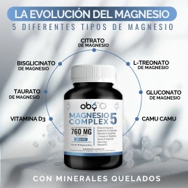 Magnesio Complex 5: Citrato Magnesio Polvo, Glicinato Magnesio, Treonato, Taurato, Gluconato Con Camu Camu, C Y Vitamina D3 | Magnesium Complejo Vegano | Vitaminas Mujer Y Hombre Oby 180 Capsulas