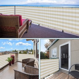 ECOOPTS 3'x12' Balcony Privacy Fence Screen with Zip Ties, Outdoor UV Protection Fence Cover for Balcony Porch Patio Deck Yard (Beige White Stripes)