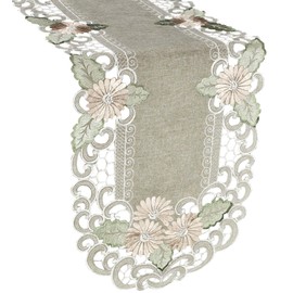 Embroidered Gold Daisy Fleur Latte Linen Table Runner or Dresser Scarf (16Wx45L)
