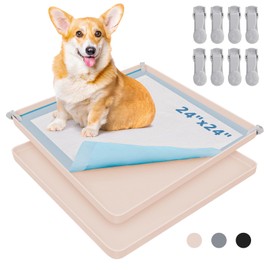 LOOBANI Dog Pee Pad Holder - 2 Pack Silicone Puppy Pad Holder - High Edge Dog Potty Tray with 4 Holder Clamps for Puppy Potty Training, Fits Up to 24" x 24" Training Pads, Beige