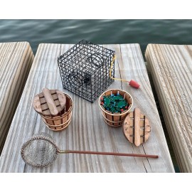 Blackway Boat Models MINIATURE CRABBING KIT - TRAP, NET & 2 BUSHEL BASKETS WITH LIDS, ONE WITH CRABS!