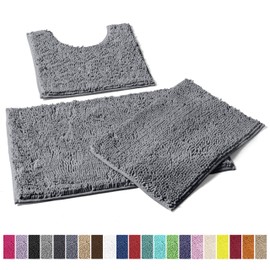 Bathroom Rugs Sets 3 Piece, Includes U-Shaped Contour Toilet Mat, 20 x 30'' and 16 x 24'' Bath Mat, Non-Slip Shaggy Gray Bathroom Rugs and Mats Sets, Machine Washable, Light Grey
