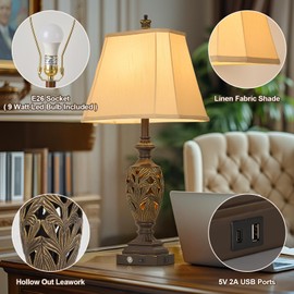 29.5"H Touch Traditional Table Lamp Set of 2,Vintage Bedside Nightstand Lamps with Dual USB and Night Light, 3-Color Hollow Out Leafwork Bronze Gold Finish Desk Lamps for Living Room,Bedroom