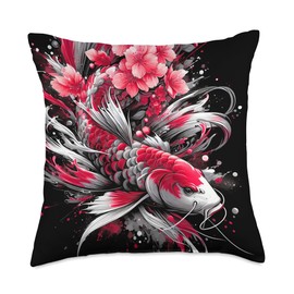 Koi Carp Fish Japanese Sakura Wear Store Cherry Blossom Koi Carp Fish Japanese Sakura Christmas Throw Pillow, 18x18, Multicolor