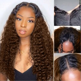 Ombre Brown V Part Curly Wigs Human Hair No Leave Out for Women,1b/30 10A Brazilian Balayage Highlight Glueless V Part Wigs with 5x2.5 inch Lace Beginner Friendly 180% Density 22inch