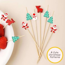 100PCS Christmas Cocktail Picks, 4.7 inch Christmas Toothpicks, Santa Claus Snowman Xmas Tree Elk Bamboo Charcuterie Skewers Fruit Food Appetizer for christmas Holiday Party Supplies Decorations