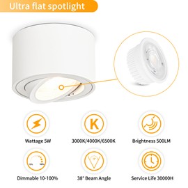 GeyouLux LED Surface-Mounted Spotlight, Dimmable, White, Extra Flat, 30° Swivel, Diameter 80 x 50 mm, Ceiling Spotlights, 5 W, 500 lm, LED Module 230 V - 3000 K/4000 K/6500 K, Surface-Mounted