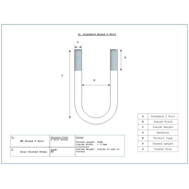 U Bolt Round M8 70mm Inner Width x 100mm Length