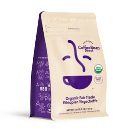 Coffee Bean Direct Organic Fair Trade Ethiopian Yirgacheffe, Whole Bean Coffee, Light Roast, 1 Pound Bag (Pack of 1)