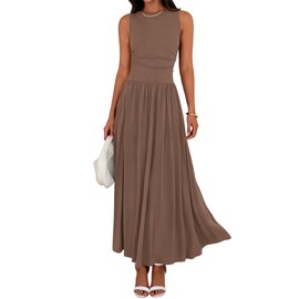 BTFBM Summer Maxi Dresses for Women 2025 Sleeveless Casual Ruched High Waisted Tank Long Sundress Flowy Beach Dress(Khaki, Medium)