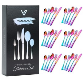 Juego de cubiertos de acero inoxidable VANDBAO, 30 piezas, coloridas, utensilios de mesa, incluye cuchillo, tenedor y cuchara, para 6 personas, espeja