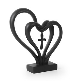 Aoneky Double Hearts in Love Sculpture with Hanging Cross - Love Statue for 6th Wedding Anniversary Valentines Gift - Black Statue Ornaments Shelf Decor