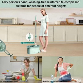 MRYFAST Heavy-Duty Spin Mop and Bucket with Wringer Set, Steel Wringing Basket & Oversized Wheels, 360° Cleaning System with Adjustable Handle, Includes Scrubber Brushes for Hardwood Tile Floors.