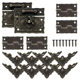 Zasvec Antique Latch Hasp Pack of 2 Clasps for Wooden Box with Locking Hook Lock Antique Padlock Hasp and 4 Pieces Hinges Antique 24 Metal Corner Protection with Screws Bronze