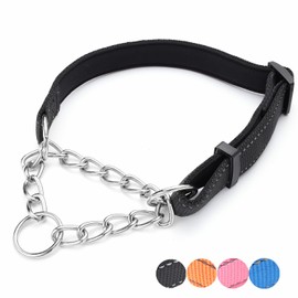PUROAYET Martingale Dog Collars Adjustable Soft Nylon Reflective Collars with Stainless Steel Chain Walking Training Collars Heavy-Duty Puppy Chain Collars for Small,Medium,Large Dogs (M,Black)